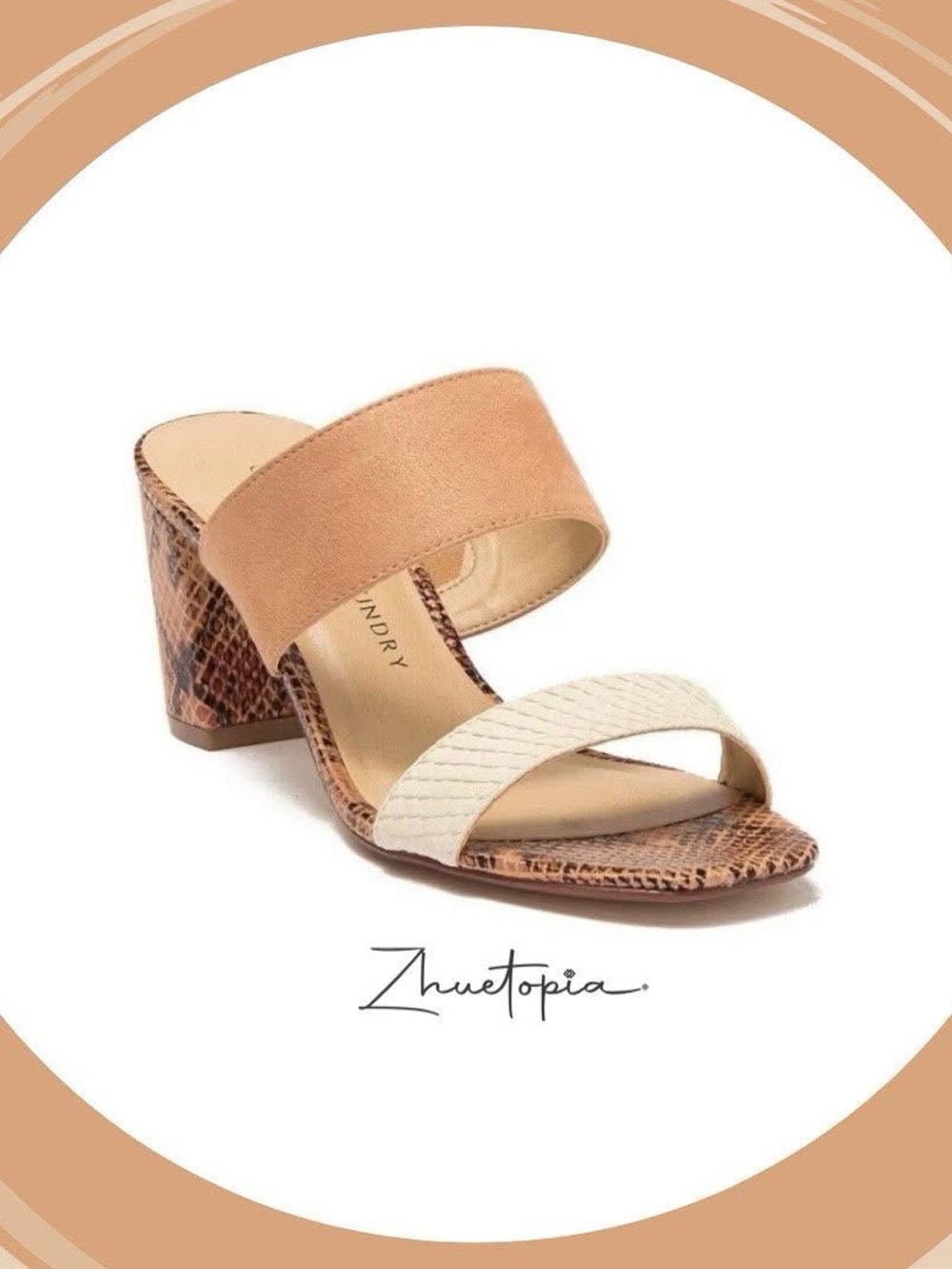 Chinese Laundry Two-Band Block Heel Sandal in Tan and Cream with Snakeskin Heel